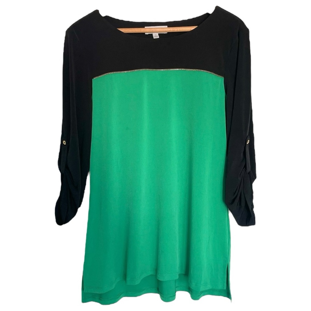 Calvin Klein Women’s Medium Green Black Top Zip Accent Work Office Blouse Chic